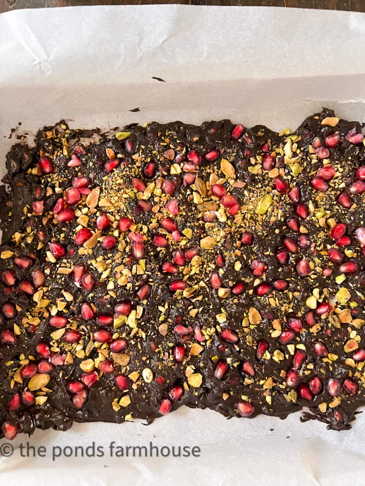 Pomegranate & Pistachio Nut Dark Chocolate Bark Recipe for Christmas Entertaining.