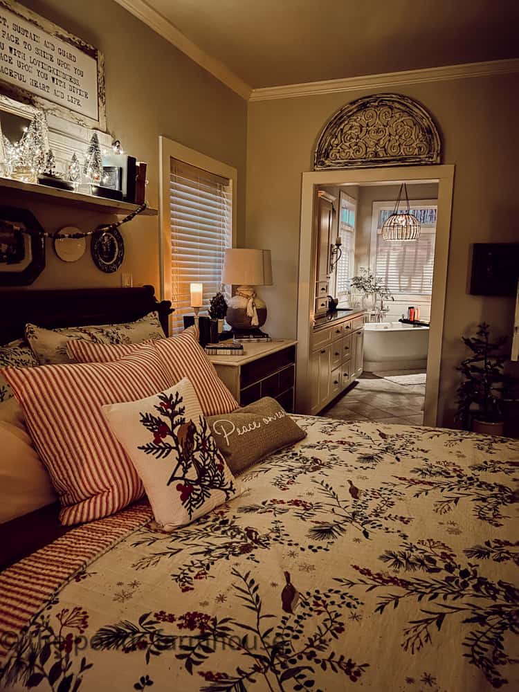 View of bedroom and bathroom on Christmas Candlelight Tour for Farmhouse Evening Tour