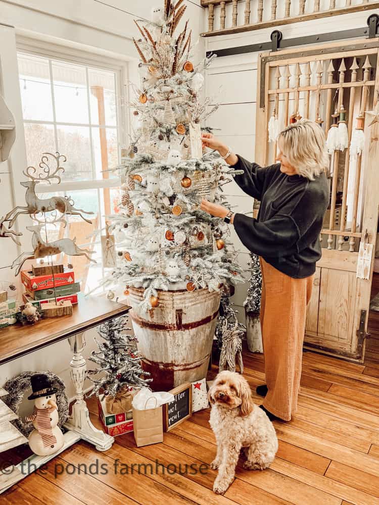 Christmas Tree In metal container. Farmhouse Christmas tree.