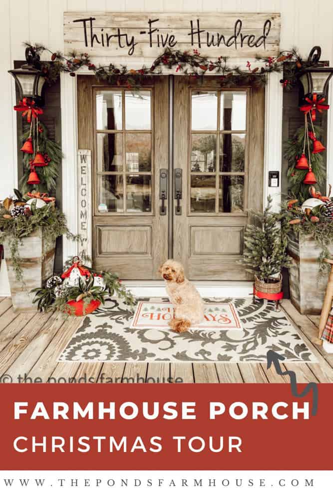 Farmhouse Porch Decorated for Christmas Tour.