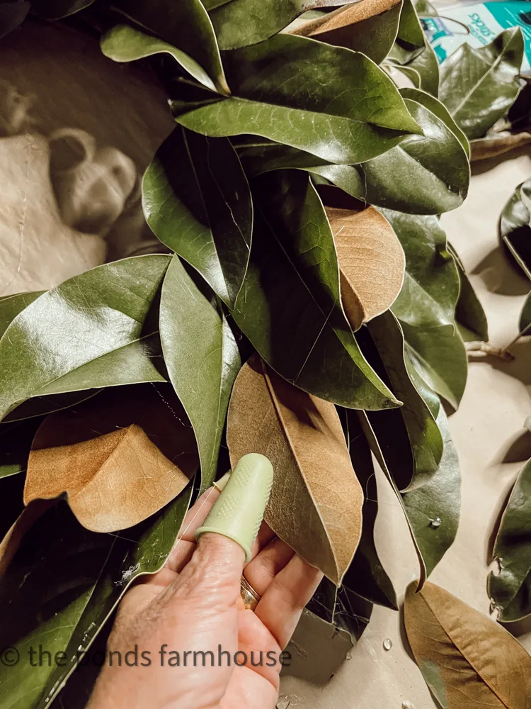 Reverse some leaves to create a wreath with magnolia leaves