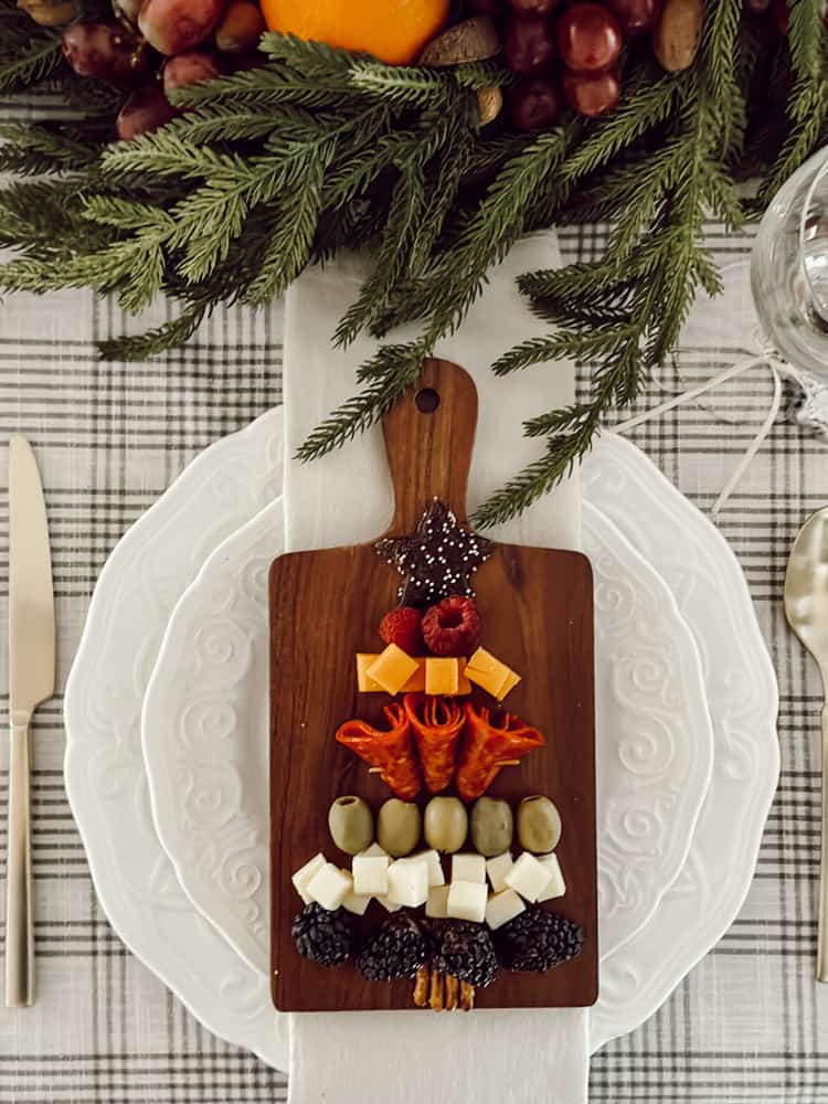 Wine Dinner Menu with individual charcuterie boards with meats and cheeses arranged like a Christmas Tree