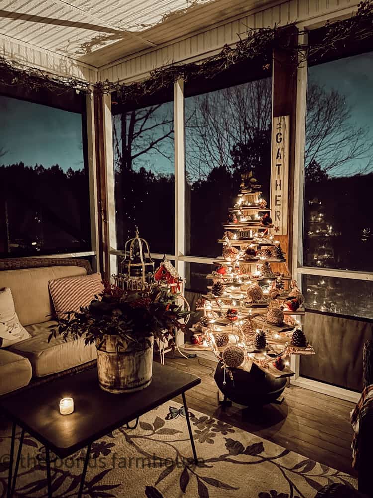 Shiplap Wooden Christmas Tree on the screened porch for Christmas candlelight tour. 