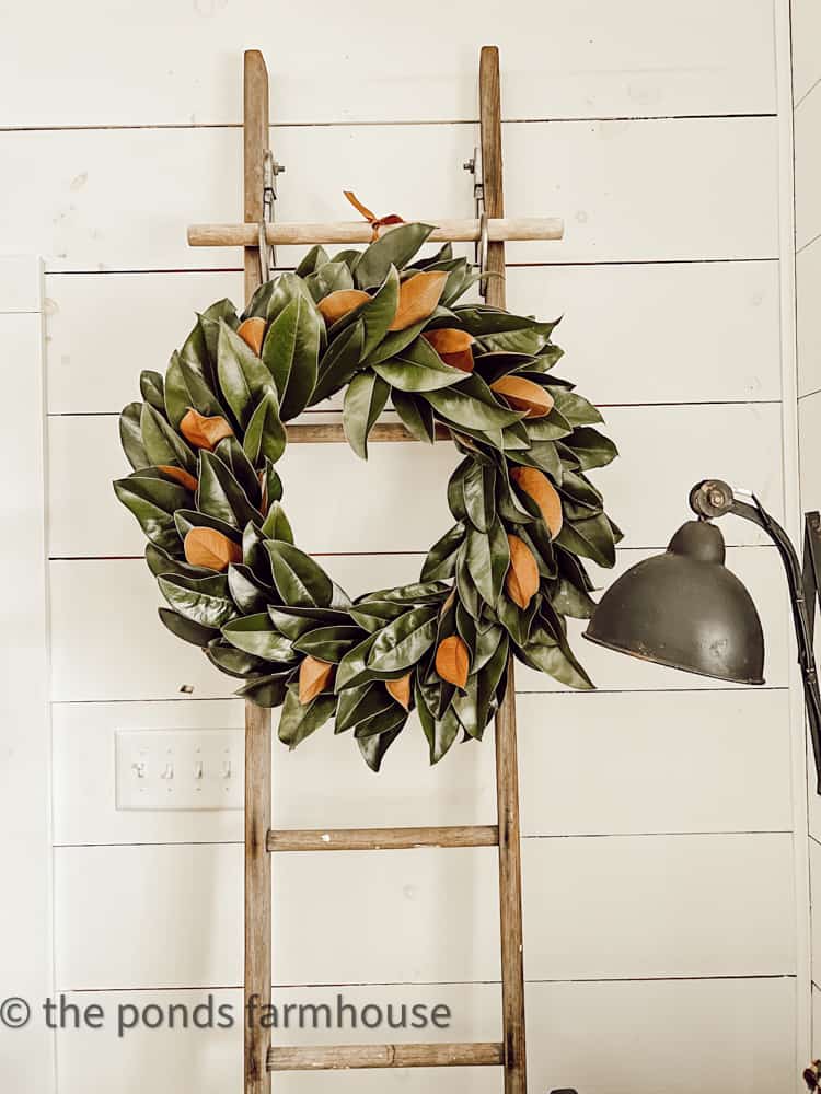 The secret to making a wreath with magnolia leaves for Christmas.  Farmhouse Style Christmas Wreath