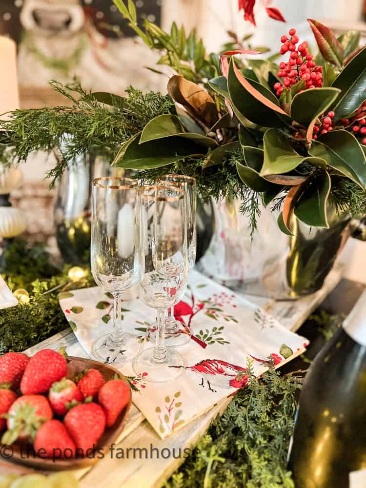 Champagne flutes and strawberries for wine tasting home party ideas.