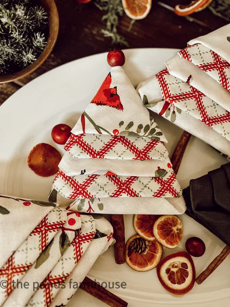 Christmas Tree Napkin Fold with cinnamon stick and cranberries to garnish.