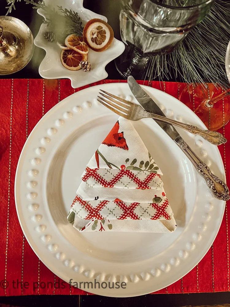 Farmhouse inspired Christmas Tablescape with a Christmas Tree Shaped Napkin 