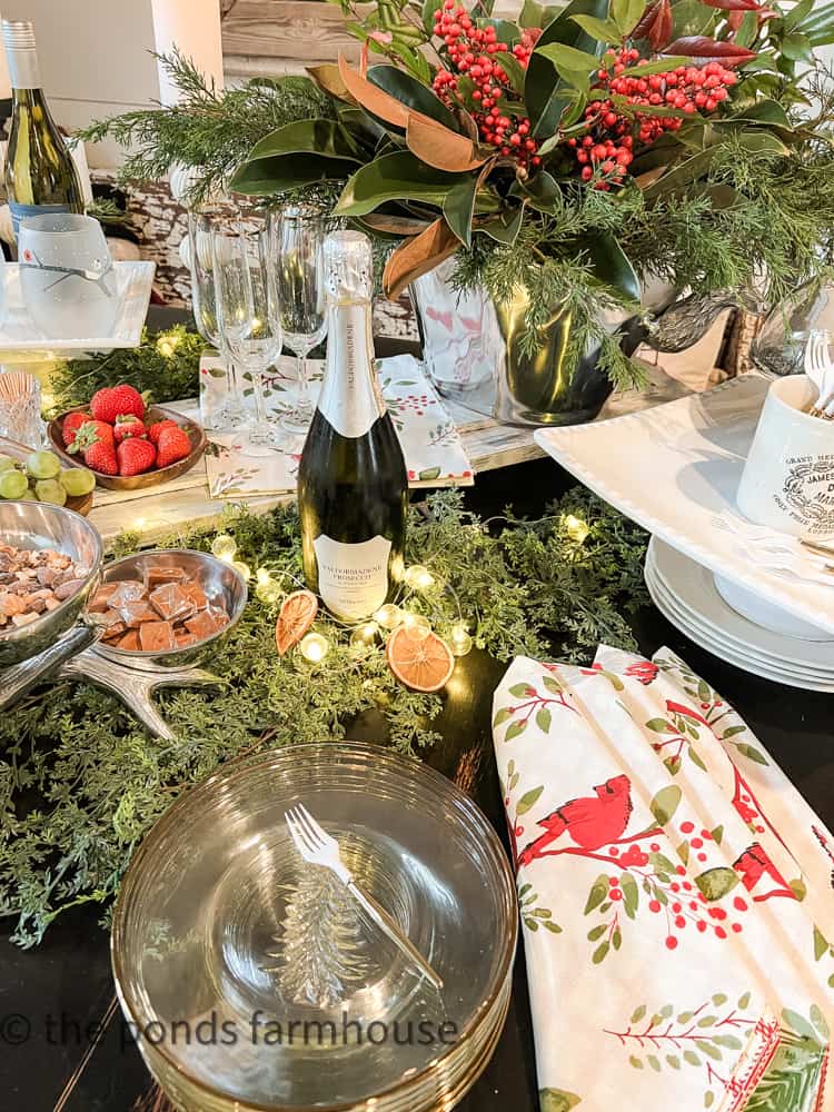 Sparkling wine with champagne flutes and Christmas Tree Plates for Christmas Party