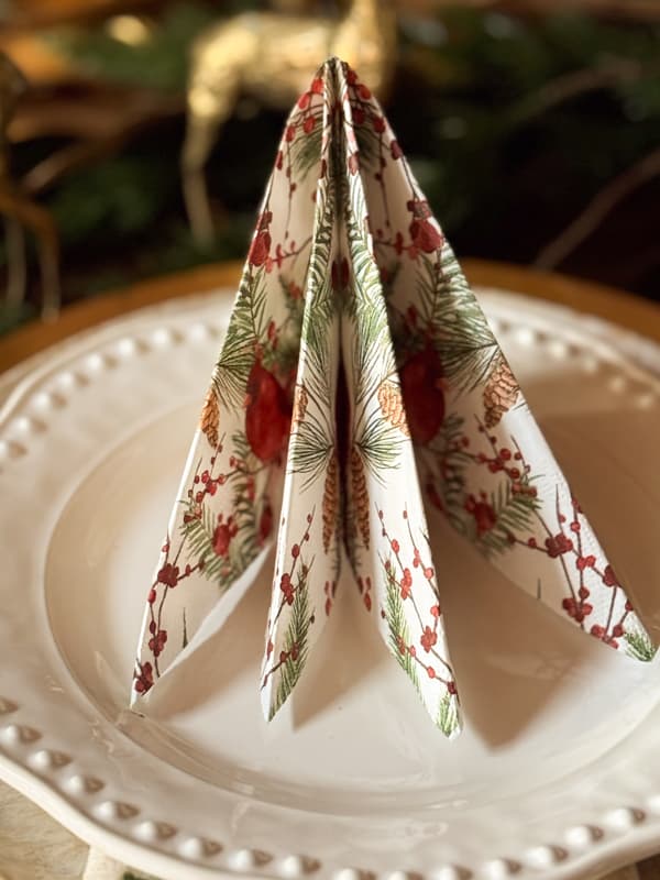 Standing 3D Christmas Tree Napkin Fold on plate
