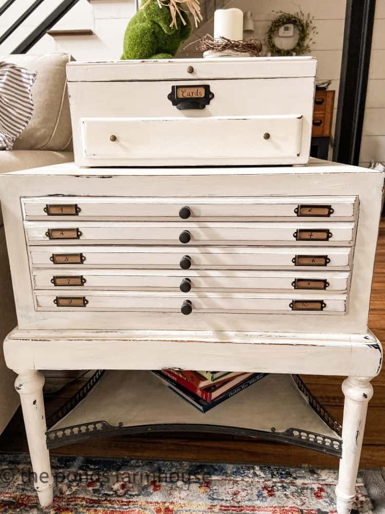 White Distressed Chalk Paint technique for Industrial Style Furniture Transformation.