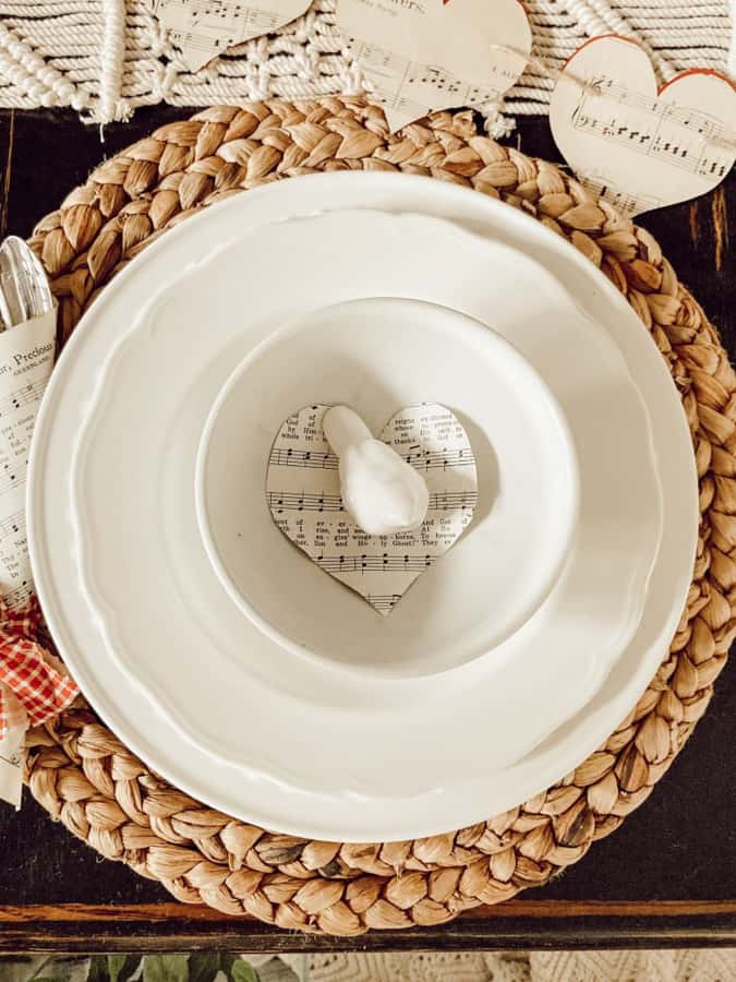 Add paper heart to center of bowl with a ceramic white bird.  Cottagecore Valentine's Decorating ideas.