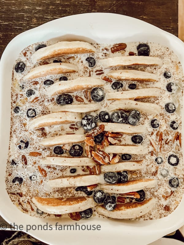 Make ahead recipe for blueberries bread pudding with pecans and pancakes - refrigerate overnight.