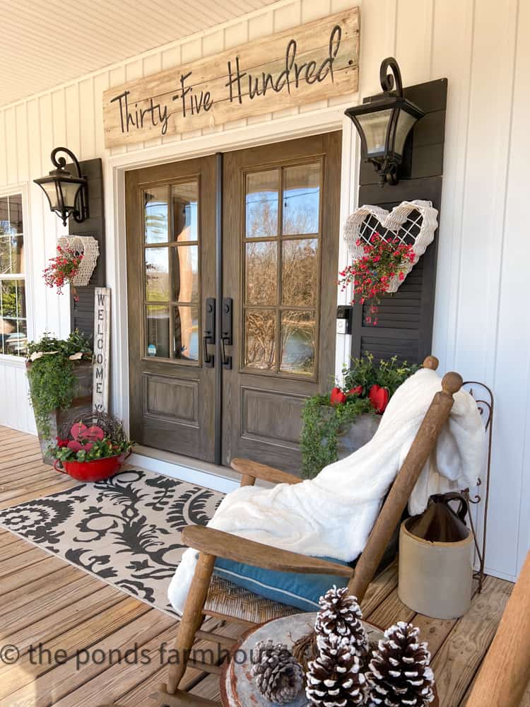 Valentine's Porch Decorations using thrift store and budget-friendly decorations.