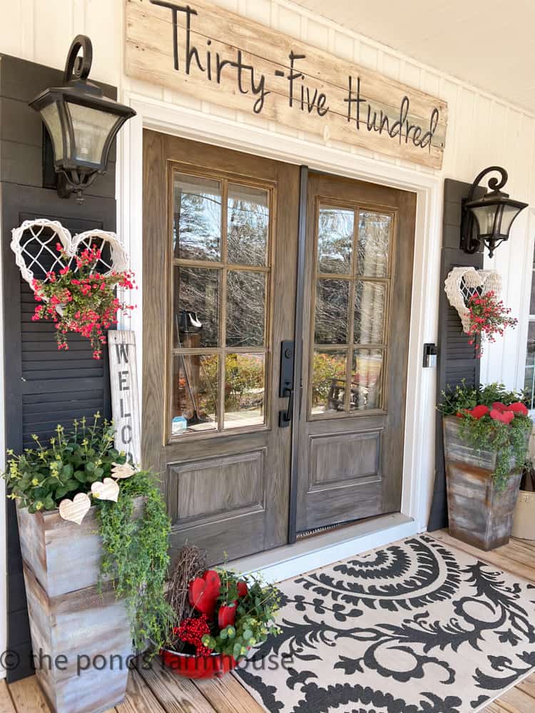 Valentine's Door Decorations for Farmhouse Style Valentine's Porch with thrift store finds.