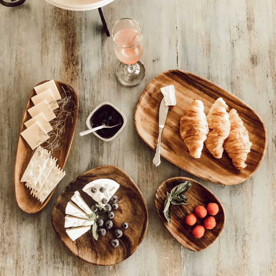 Wooden trays with brunch food for girlfriend time.