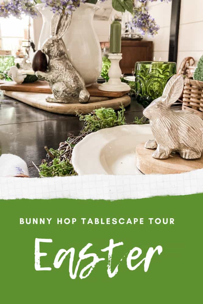 Easter Tablescape with pewter bunnies and DIY plate chargers with vintage ironstone dishes.