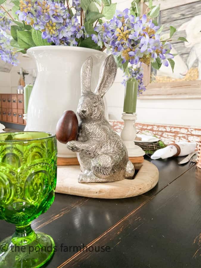 Pewter Bunny with wooden egg for Easter Table Centerpiece.