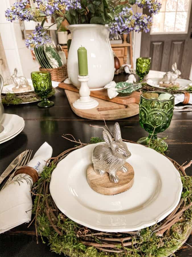 Easter Tablescape with pewter bunnies and DIY plate chargers with vintage ironstone dishes.