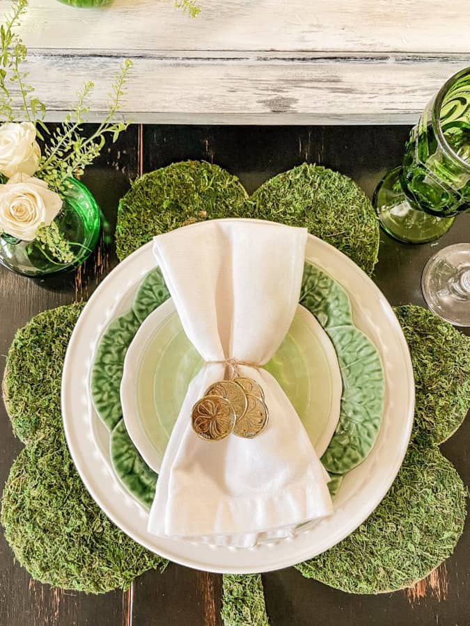 St. Patrick's Day tablescape with green and white.