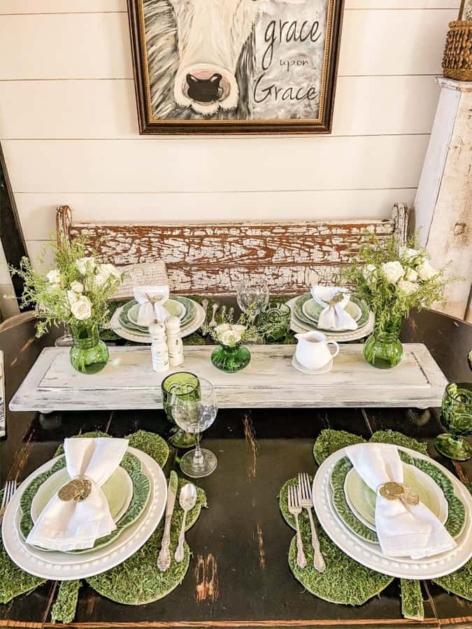 St. Patrick Day Table Setting with green and white vintage tableware.  DIY Shamrock Placemats