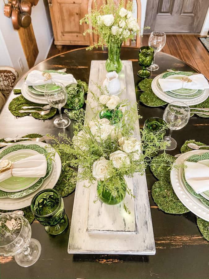 Creative St. Patrick's Day Table Setting Ideas for Supper Club - DIY Shamrock Placemats and Trader Joe's Flowers