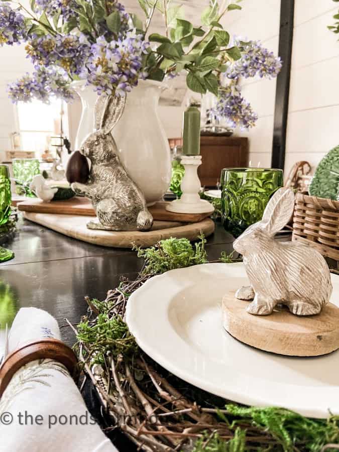 Pewter Bunnies and Twig Plate Chargers create a woodland themed Easter Bunny Hop Tablescape