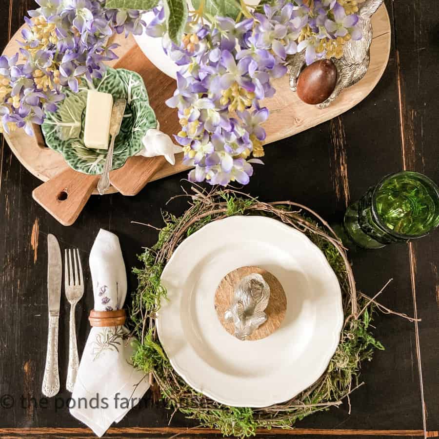 DIY Moss and Twig Plate Chargers with Pewter Bunny and lilacs for Easter Tablescape