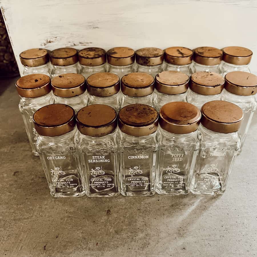 Thrift Store Find, Vintage Crystal food Products Spice Jars with Copper Caps