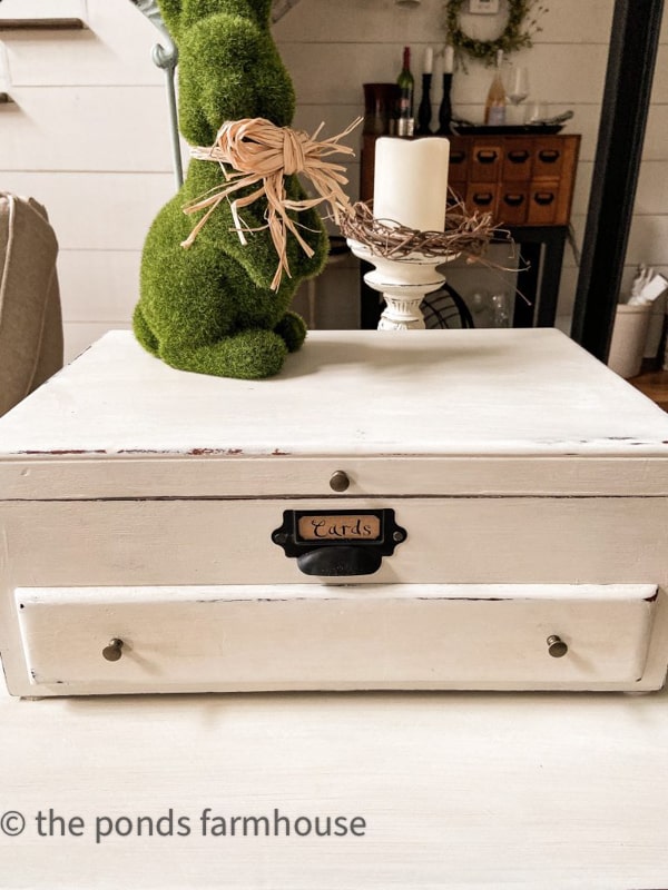 repurposed silverware box with chalk paint and updated hardware for a farmhouse style chest. 