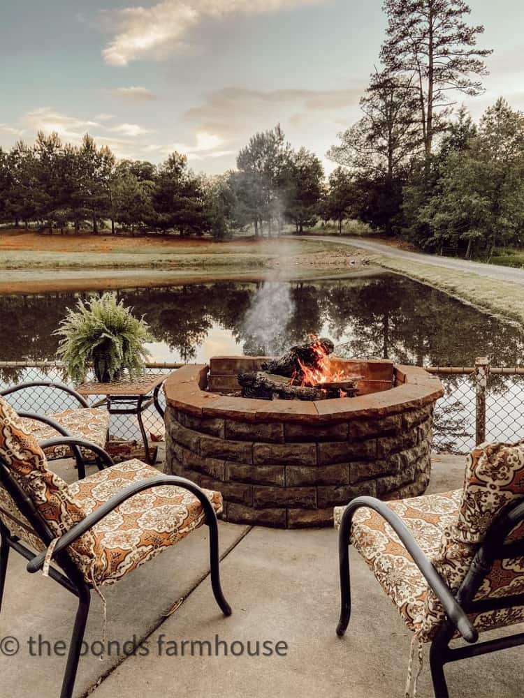 DIY Fire Pit located in front of the DIY Outdoor Kitchen and around the ponds.