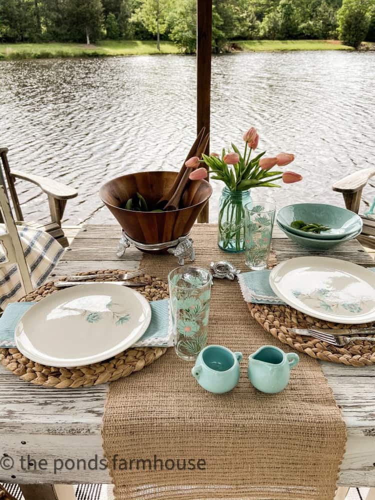 Mother's Day Brunch Ideas for dining alfresco.  Vintage Table setting from yard sale finds.