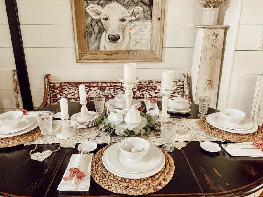 White neutral Valentine's Day Tablescape. Farmhouse Country Chic Table Style.  