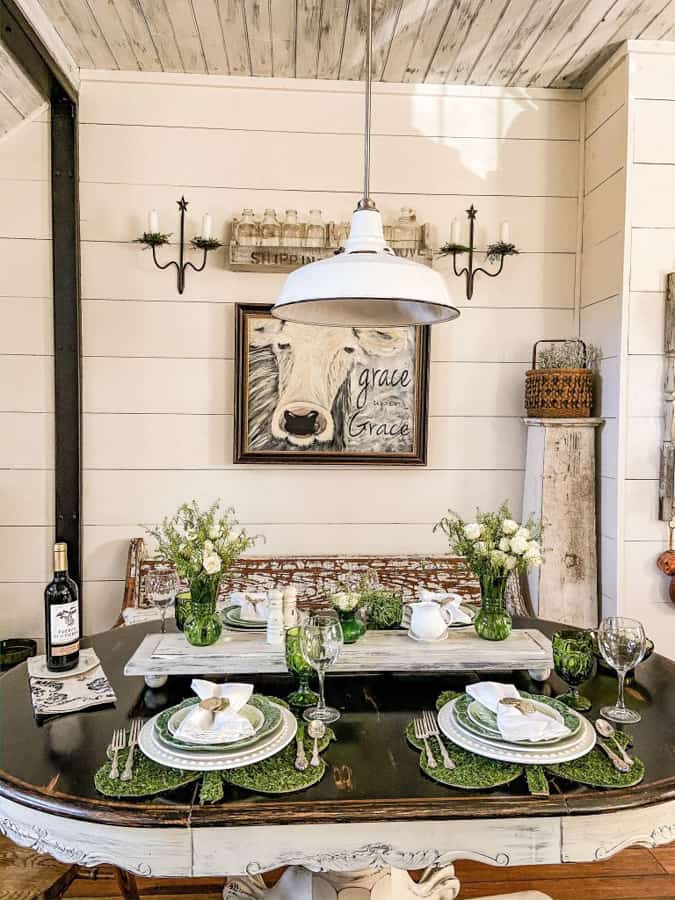 Farmhouse Style St. Patrick's Day Tablescape ideas.