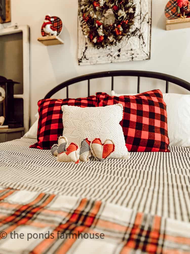 Cozy Valentine's Bedroom Ideas for Farmhouse Guest Room.  Red and black plaids and quilt hearts