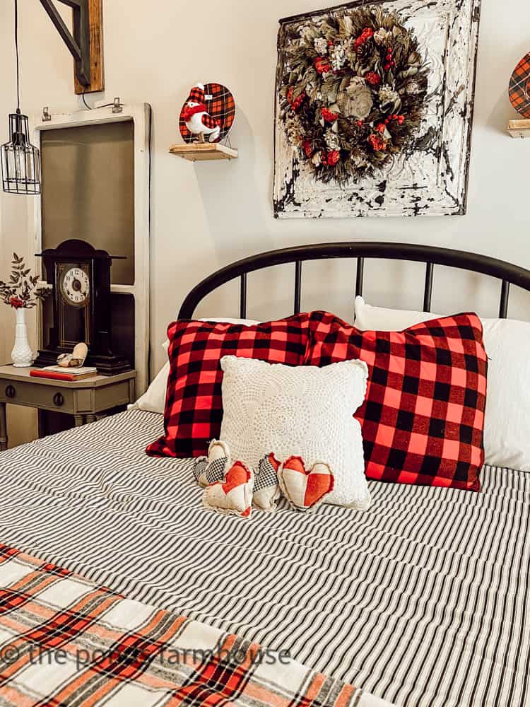 Cozy Valentine's Bedroom Ideas for Farmhouse Guest Room.  Red and black plaids and quilt hearts