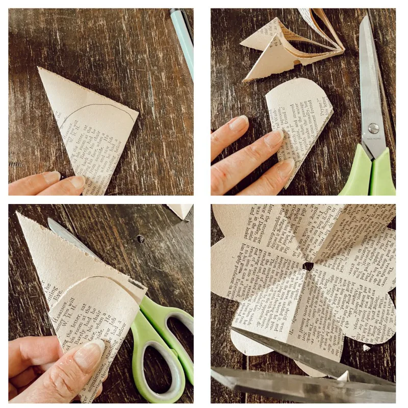 cut half circle in the folded vintage book page to create a petal