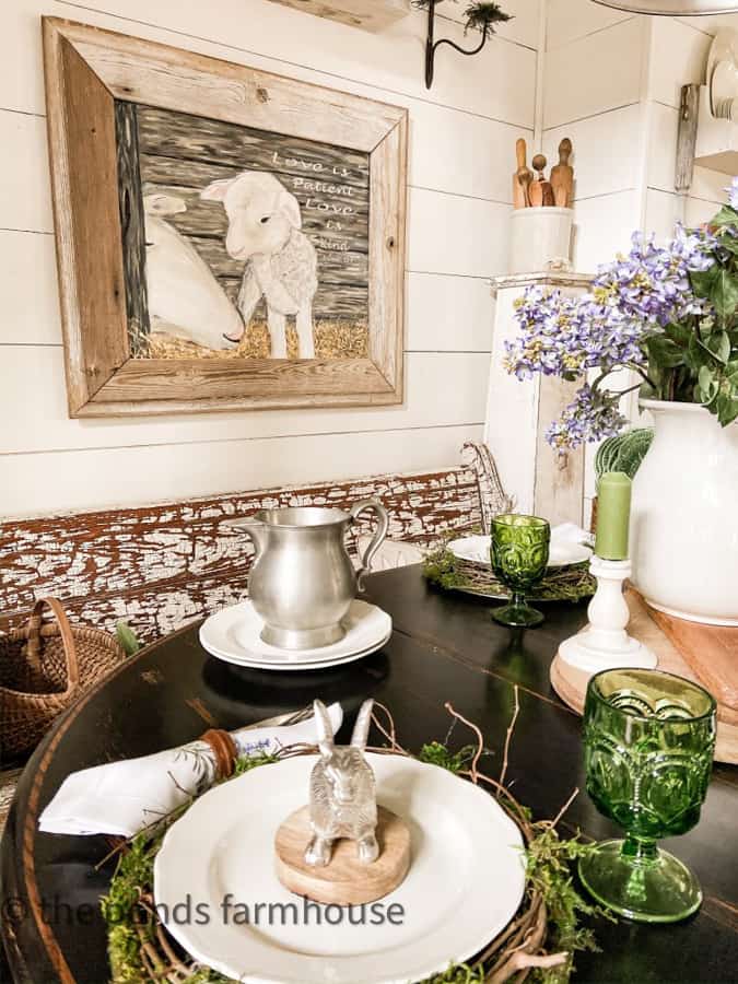 Mother's Love Painting over Easter Tablescape with pewter bunnies and DIY plate Chargers made of twigs and moss.