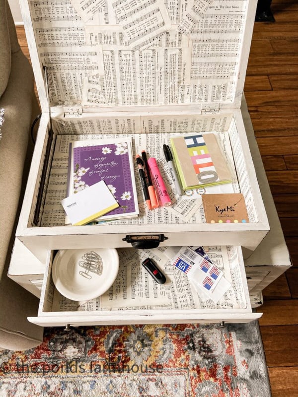 Old silverware wooden box made into a stationary box. Farmhouse style repurposed chest.  