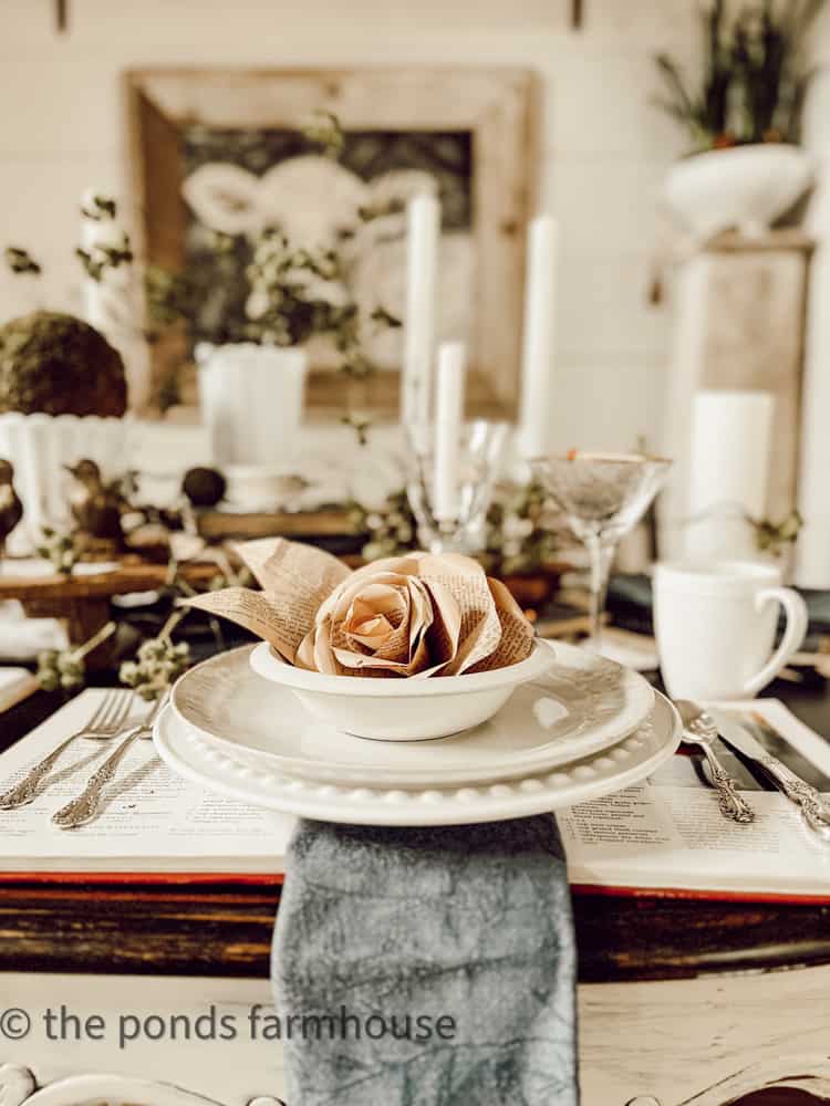 Antique Book Pages and old coffee table books help to decorate a table for brunch and book club theme.