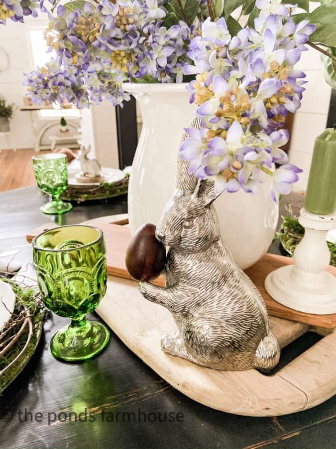 Easter Tablescape with pewter bunnies and DIY plate chargers with vintage ironstone dishes.