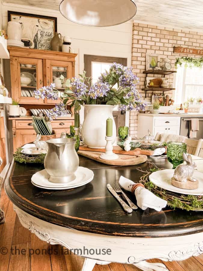 Easter Tablescape with pewter bunnies and DIY plate chargers with vintage ironstone dishes.