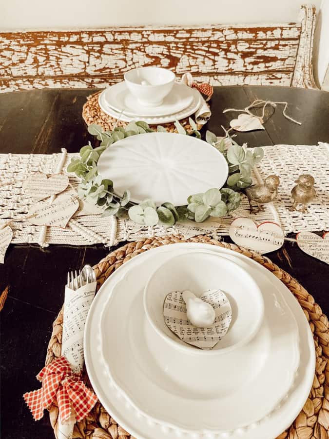 Neutral Valentine's Decor for a Galentine's Day Tablescape with farmhouse touches. Vintage White Milk Glass Cake Stand
