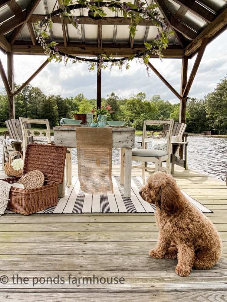 Rudy, Mini Goldendoodle at the dining table on pier.  Mother's Day Table Setting ideas.