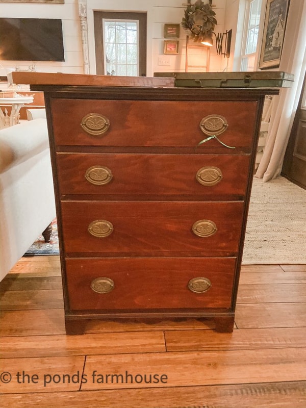 A great solid wood small chest perfect for a bedside table with lots of storage.  Easy to refinish.