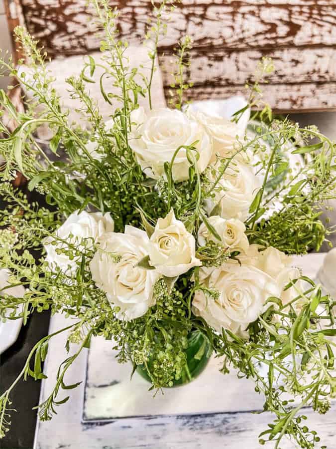 Trader Joes Roses for St. Patrick's Day Tablescape Centerpiece 