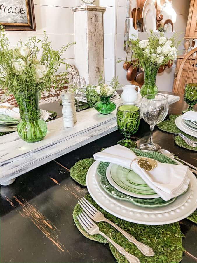 St. Patrick's Day Supper Club Table Setting for Dinner Party.  Vintage Green vases and water goblets.  