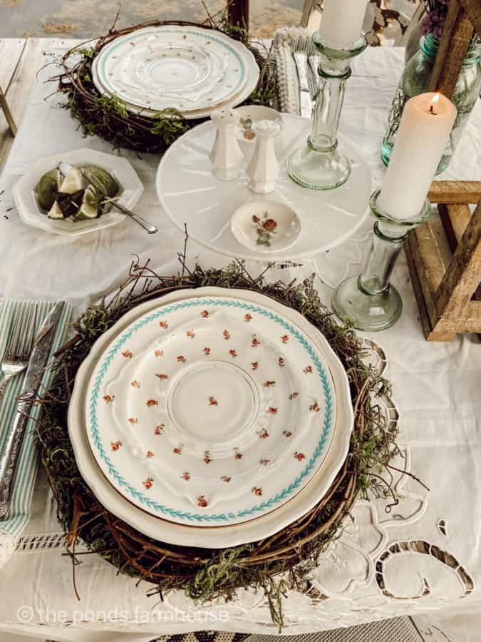 Add white ironstone plates to DIY Twig Plate Chargers - rustic farmhouse style tableware.