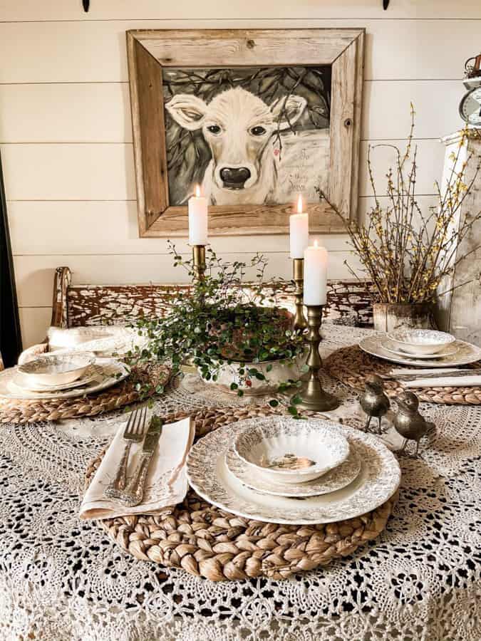 Cozy Ideas for Winter Decorating with a vintage and thrifted tablescape.