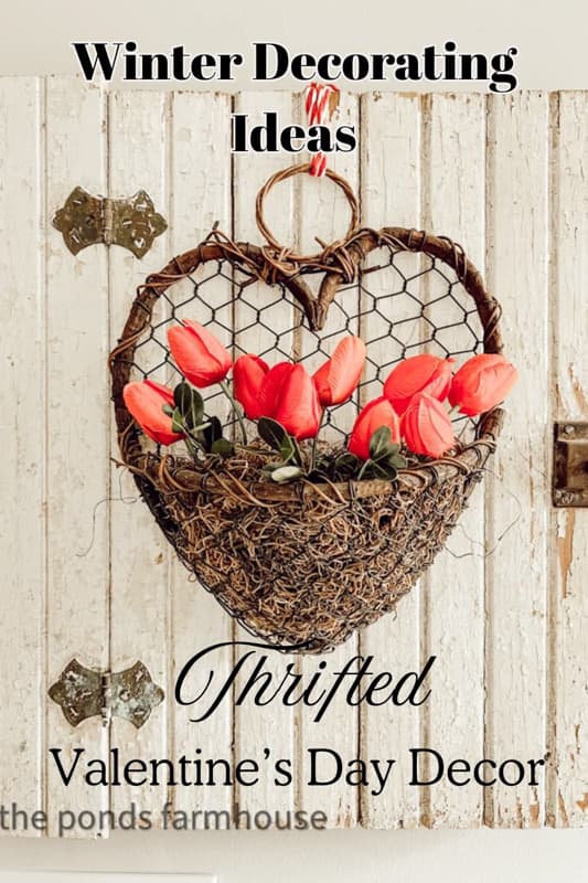 Thrifted Valentine's Day Decor with heart basket wall planter.  