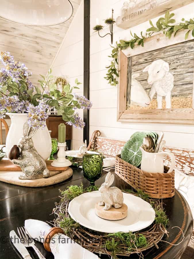 Easter Tablescape with pewter bunnies and DIY plate chargers with vintage ironstone dishes.